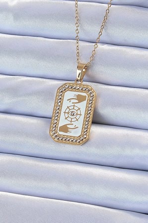 Mey İthalat® 316L Çelik Zincir Altın Renk Mineli Zirkon Taşlı Göz Figür Tarot Kolye