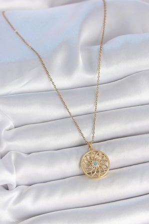 Mey İthalat® 316L Çelik Gold Renk Zincr Mavi Taşlı Lotus Model Kadın Kolye