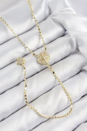 Mey İthalat® Pirinç Zirkon Taşlı Ezme Zincirli Madalyon Model Gold Renk Y Kolye