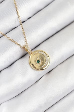 Mey İthalat® 316L Çelik Zirkon Taşlı Ay Ve Güneş Model Gold Renk Kadın Kolye
