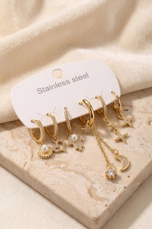 Mey İthalat® 316L Çelik Gold Renk Zincir Detaylı Zirkon Taşlı Kadın Küpe Seti