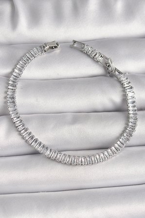Mey İthalat® Pirinç Gümüş Renk Zirkon Taşlı Su Yolu Model Kadın Bileklik