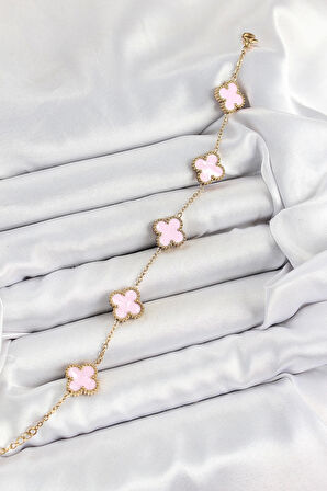 CEYLAN ADAM 316L Çelik Pembe Sedef Yonca Model Gold Renk Kadın Bileklik