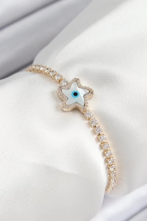 Mey İthalat® Pirinç Zirkon Taşlı Nazar Yıldız Model Gold Renk Asansörlü Kadın Bileklik