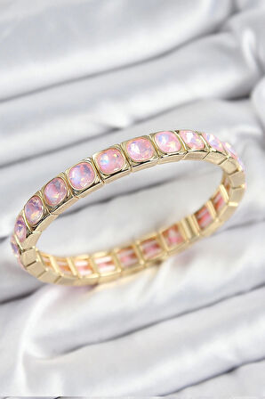 CEYLAN ADAM Pirinç Pembe Zirkon Taşlı Kare Model Gold Renk Lastikli Kadın Bileklik
