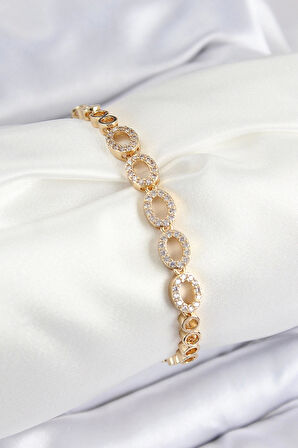CEYLAN ADAM Pirinç Zirkon Taşlı Oval Model Gold Renk Kadın Bileklik