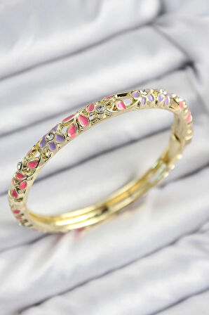 CEYLAN ADAM Mineli Pirinç Zirkon Taşlı Pembe Mor Çiçek Motifli Gold Kadın Kelepçe