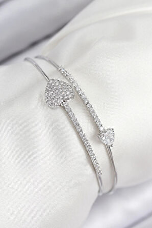 CEYLAN ADAM Pirinç Zirkon Taşlı Kalp Model Gümüş Renk Kadın Bileklik