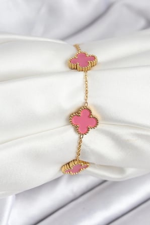 316L Çelik Gold Zincir Pembe Yonca Renk Bileklik
