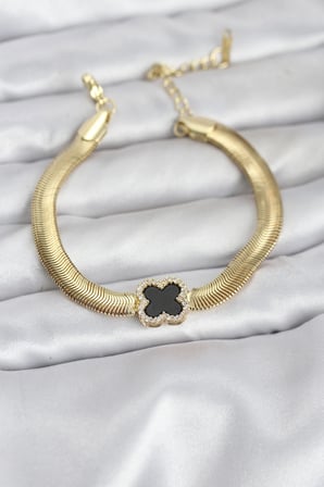 316L Çelik Gold Renk Siyah Yonca Model Zirkon Taşlı Yılan Zincirli Kadın Bileklik