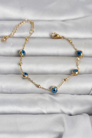 Mey İthalat® 316L Çelik Gold Renk Top Zincirli Nazarlı Kadın Bileklik