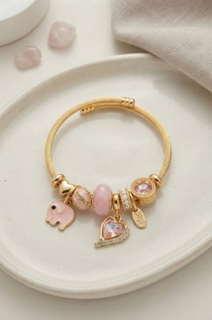 Mey İthalat Kalp ve Fil Model Pembe Charmlı Bileklik