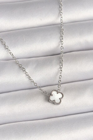 CEYLAN ADAM 316L Çelik Gümüş Renk Beyaz Yonca Model Kadın Kolye