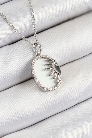 CEYLAN ADAM 316L Çelik Zirkon Taşlı Yarım Güneş Model Gümüş Renk Kadın Kolye