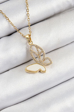 CEYLAN ADAM 316L Çelik Zirkon Taşlı Kelebek Model Gold Renk Kadın Kolye