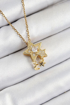 CEYLAN ADAM 316L Çelik Zirkon Taşlı Sallantılı Yıldız Model Gold Renk Kadın Kolye