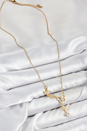 CEYLAN ADAM 316L Çelik Zirkon Taşlı Kelebek Model Gold Renk Kadın Kolye