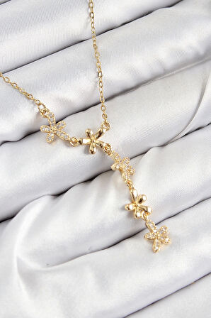 CEYLAN ADAM 316L Çelik Zirkon Taşlı Çiçek Model Gold Renk Kadın Kolye