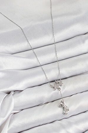 CEYLAN ADAM Pirinç Zirkon Taşlı Sallantılı Ayıcıklı Yıldız Model Gümüş Renk Kadın Kolye