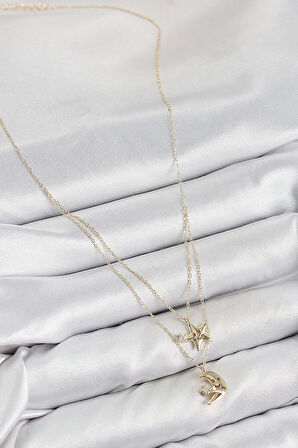 CEYLAN ADAM Pirinç Zirkon Taşlı Yıldız Ve Ay Model Gold Renk Kadın Kolye