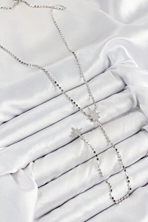 CEYLAN ADAM Pirinç Zirkon Taşlı Ezme Zincirli Kutup Yıldızı Model Gümüş Renk Y Kolye