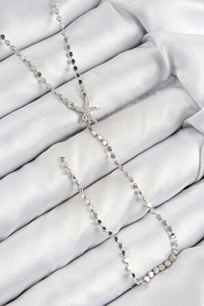 CEYLAN ADAM Pirinç Zirkon Taşlı Ezme Zincirli Deniz Yıldızı Model Gümüş Renk Y Kolye