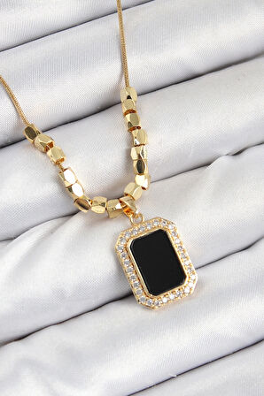 CEYLAN ADAM 316L Çelik Zirkon Taşlı Siyah Baget Model Gold Renk Kadın Kolye