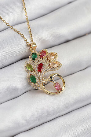 CEYLAN ADAM 316L Çelik Zirkon Taşlı Tavus Kuşu Model Gold Renk Kadın Kolye