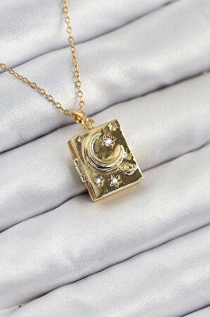 CEYLAN ADAM 316L Çelik Zirkon Taşlı Açılabilr Kapaklı Kitap Model Gold Renk Kadın Kolye