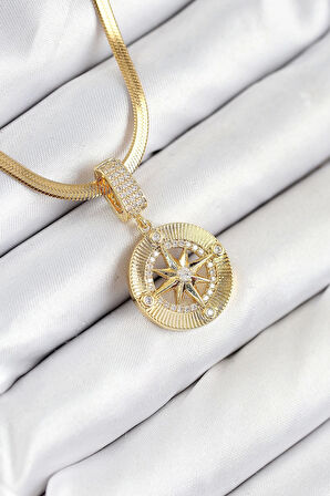 CEYLAN ADAM 316L Çelik Zirkon Taşlı Pusula Model Gold Renk Kadın Kolye