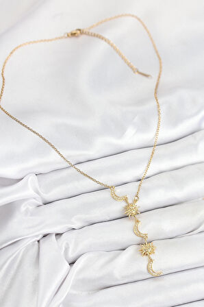 CEYLAN ADAM 316L Çelik Zirkon Taşlı Güneş Ve Ay Model Gold Renk Kadın Kolye
