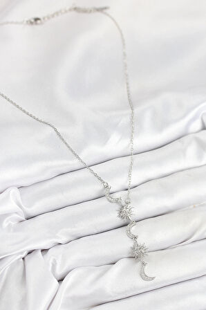 CEYLAN ADAM 316L Çelik Zirkon Taşlı Güneş Ve Ay Model Gümüş Renk Kadın Kolye