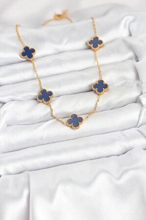 CEYLAN ADAM 316L Çelik Zincir Gold Renk Lacivert Yonca Kadın Kolye