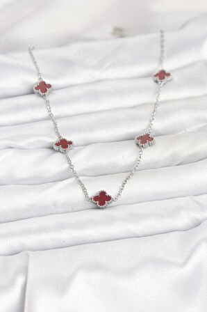 CEYLAN ADAM 316L Çelik Zincir Gümüş Renk Bordo Baby Boy Yonca Kadın Kolye