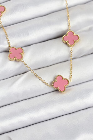 CEYLAN ADAM 316L Çelik Zincir Gold Pembe Renk Yonca Kadın Kolye