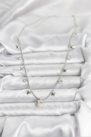 CEYLAN ADAM Pirinç Gümüş Renk Zirkon Taşlı Kutup Yıldızı Model Kadın Kolye