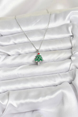 CEYLAN ADAM 316L Çelik Zincir Gümüş Renk Çam Ağacı Model Yılbaşı Temalı Kadın Kolye