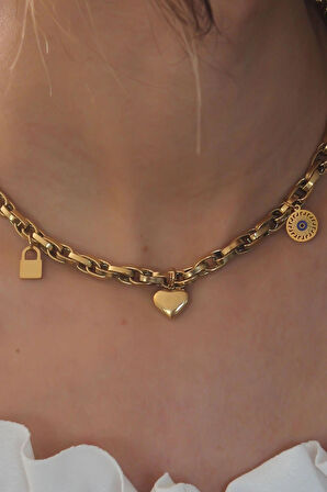 CEYLAN ADAM Çelik Gold Renk Kalın Zincir Model Kalp Figür Kadın Kolye