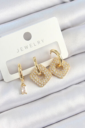 CEYLAN ADAM Pirinç Zirkon Taşlı Kare Model Gold Renk 3'lü Çift Kadın Küpe Set