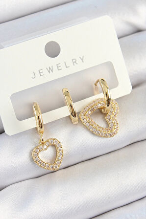 CEYLAN ADAM Pirinç Zirkon Taşlı Kalp Model Gold Renk 3'lü Çift Kadın Küpe Set