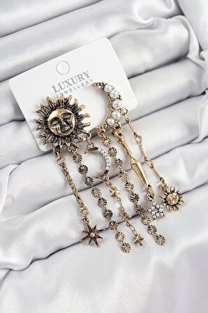 CEYLAN ADAM Pirinç Zirkon Taşlı Güneş Ve Ay Figürlü Eskitme Model Sallantılı Küpe