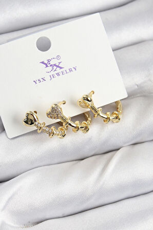 CEYLAN ADAM Pirinç Zİrkon Taşlı Kalp Model Gold Renk 3'lü Kadın Küpe