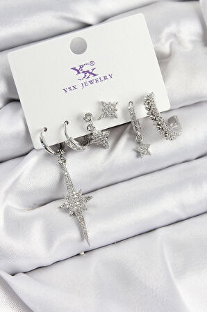 CEYLAN ADAM Pirinç Zİrkon Taşlı Kutup Yıldızı Model Gümüş Renk 3'lü Çift Kadın Küpe