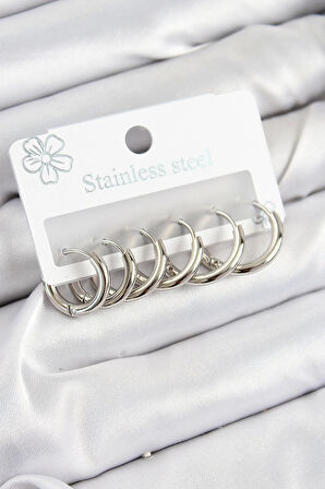 CEYLAN ADAM 316L Çelik Halka Model Gümüş Renk 3'lü Set Kadın Küpe