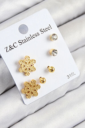 CEYLAN ADAM 316L Çelik Zirkon Taşlı Kar Tanesi Model Gold Renk Kadın Set Küpe