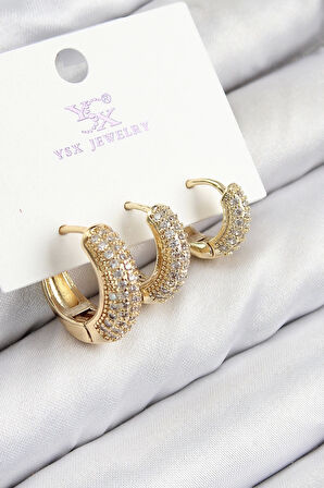 CEYLAN ADAM Pirinç Zirkon Taşlı 3'lü Halka Model Gold Renk Kadın Küpe