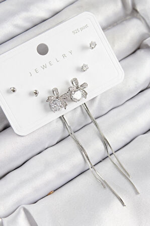 CEYLAN ADAM Pirinç Zirkon Taşlı Sallantılı Fiyonk Model Gümüş Renk 925 Ayar Gümüş Çivi Kadın Küpe Set