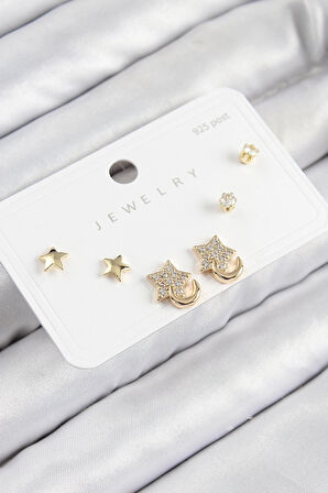 CEYLAN ADAM Pirinç Zirkon Taşlı Yıldız Model Gold Renk 925 Ayar Gümüş Çivi Kadın Küpe Set