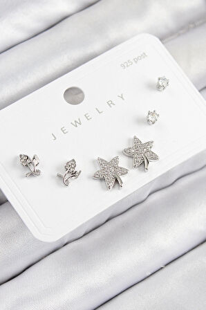 CEYLAN ADAM Pirinç Zirkon Taşlı Yıldız Ve Gül Model Gümüş Renk 925 Ayar Gümüş Çivi Kadın Küpe Set
