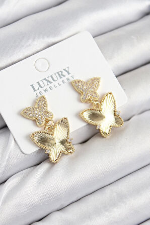 CEYLAN ADAM Pirinç Zirkon Taşlı Kelebek Model Gold Renk Kadın Küpe